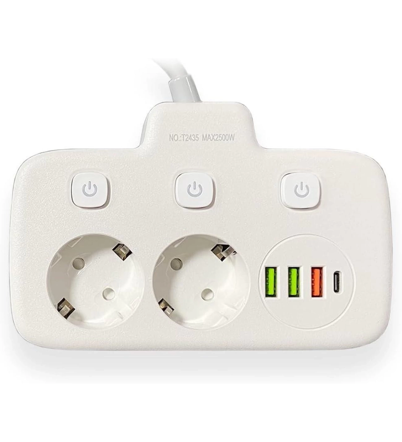 Akım Korumalı 2’li Ayrı Anahtarlı Priz, 2x Priz, 3x Usb, 1x Type-c, 2 Mt Kablo, Hızlı Şarj ( Lisinya )