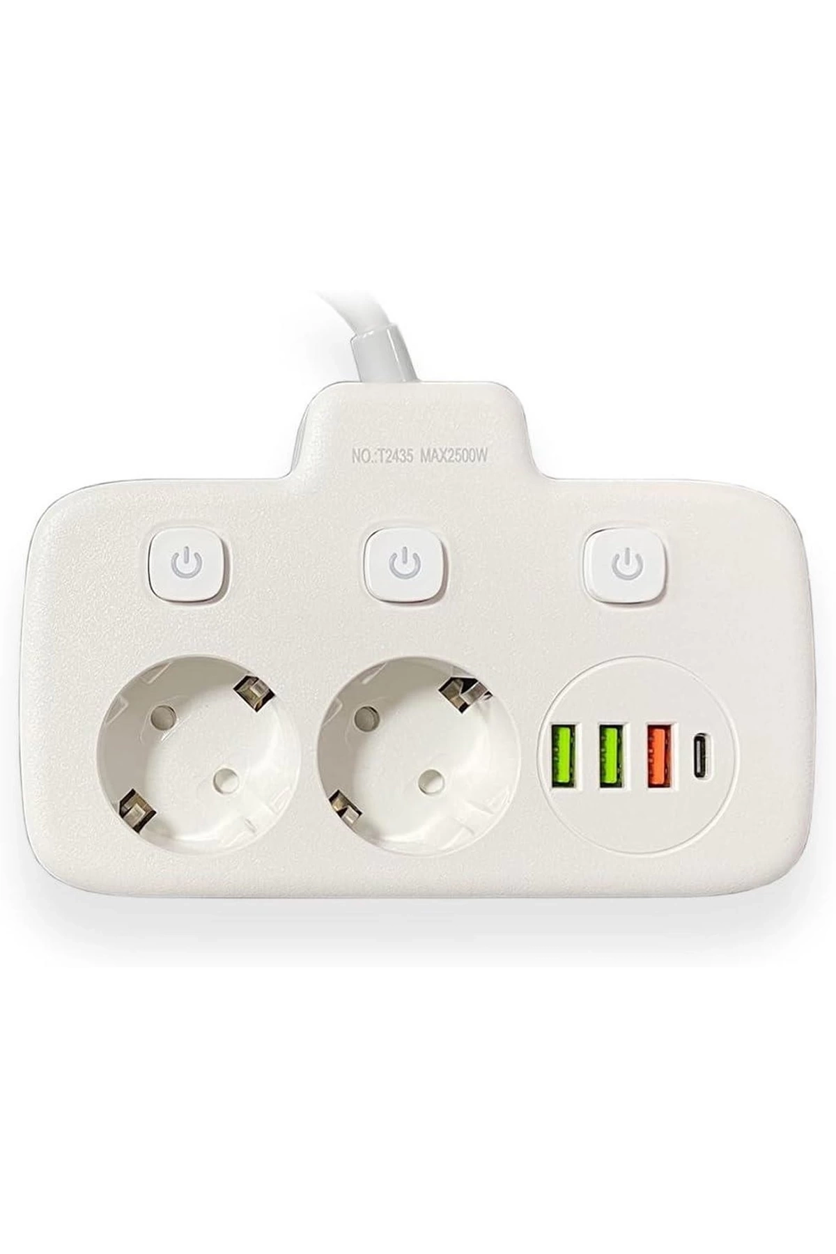 Akım Korumalı 2’li Ayrı Anahtarlı Priz, 2x Priz, 3x Usb, 1x Type-c, 2 Mt Kablo, Hızlı Şarj ( Lisinya )