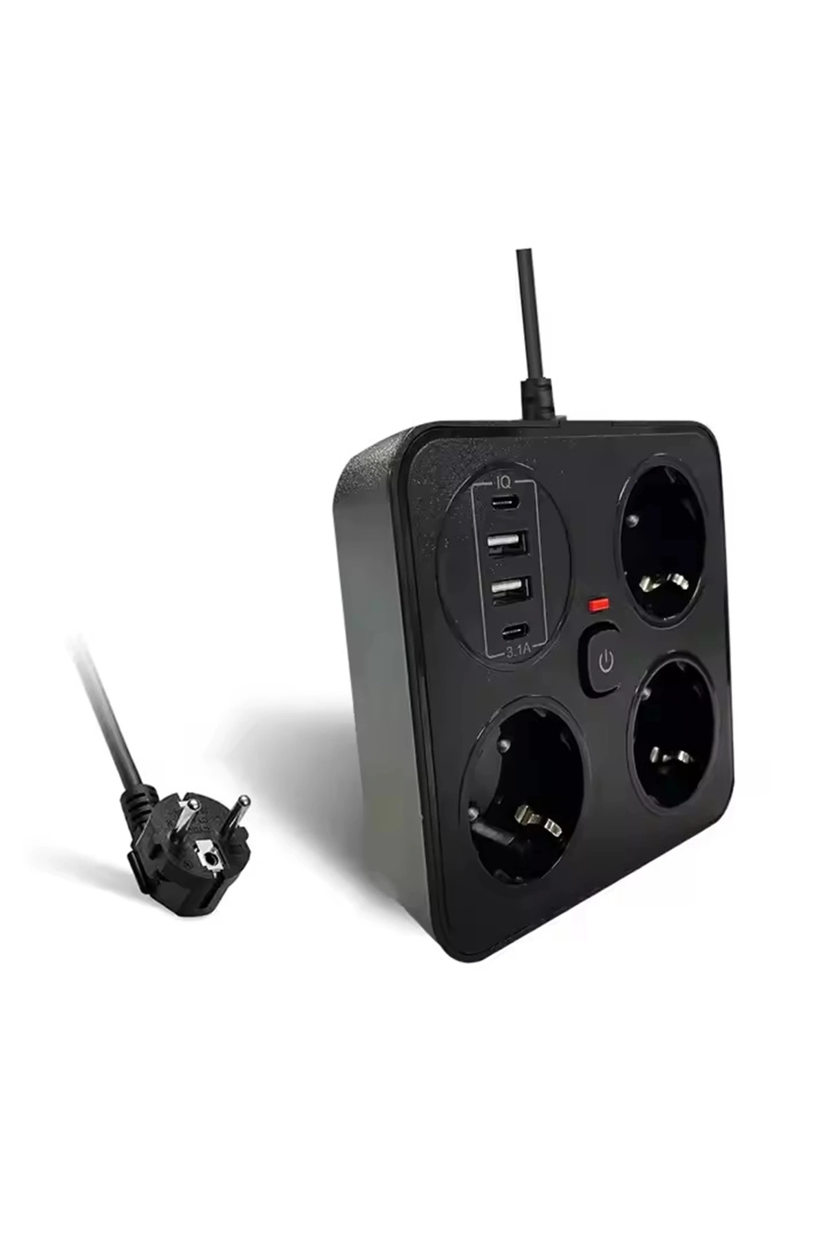 Akım Korumalı Anahtarlı Priz - 3x Priz - 2x Usb - 2x Type-c - 2 Mt Kablo Hızlı Şarj Özellikli Siyah ( Lisinya )