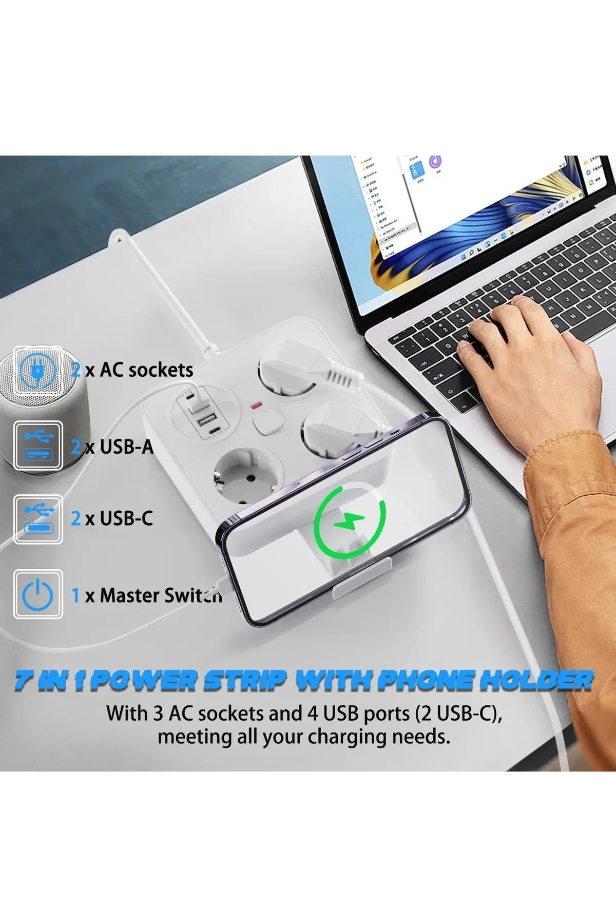 Akım Korumalı Anahtarlı Priz - 3x Priz - 2x Usb - 2x Type-c - 2 Mt Kablo Hızlı Şarj Özellikli Siyah ( Lisinya )