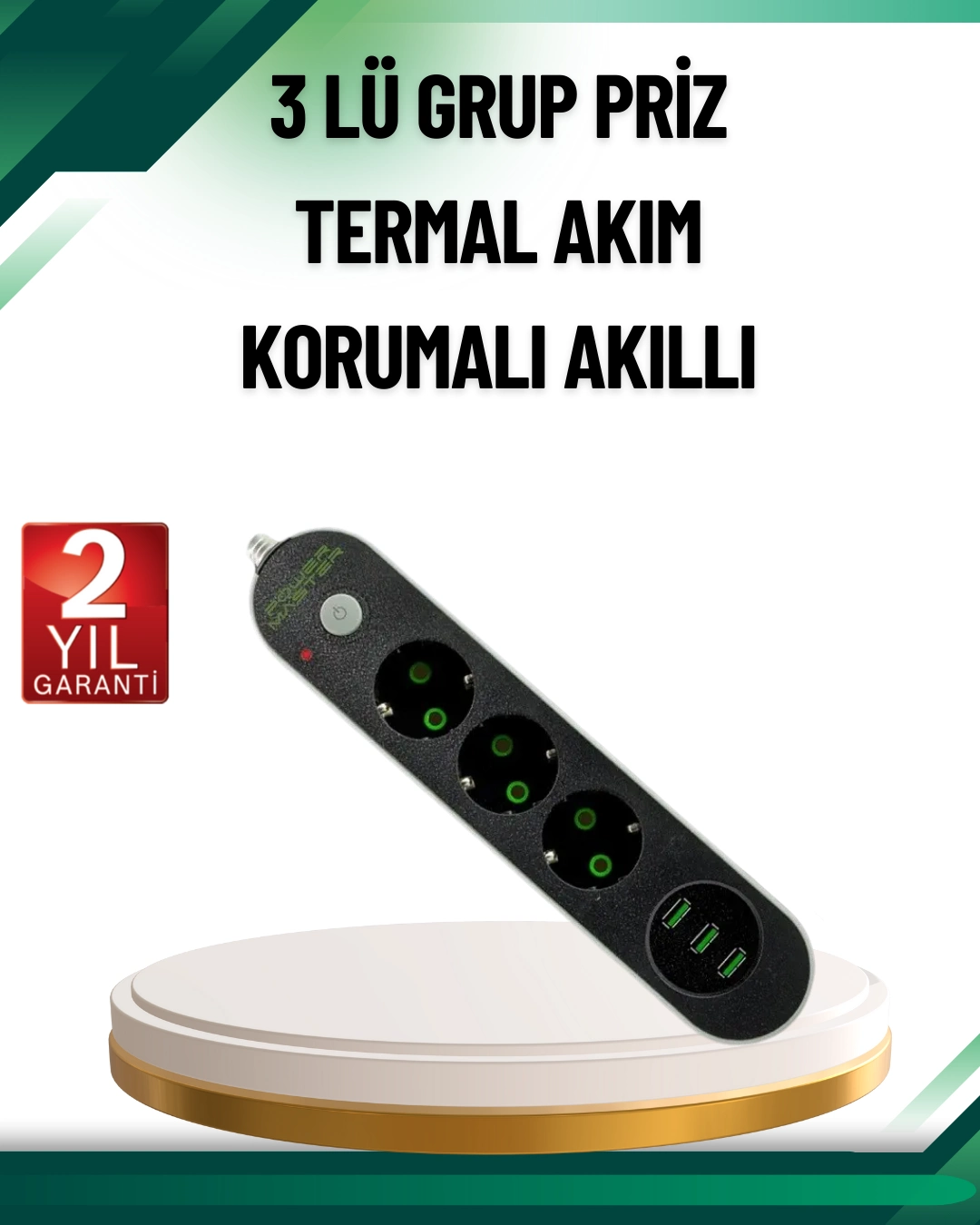 Akım Korumalı Anahtarlı Usb Girişli Üçlü Priz ( Lisinya )