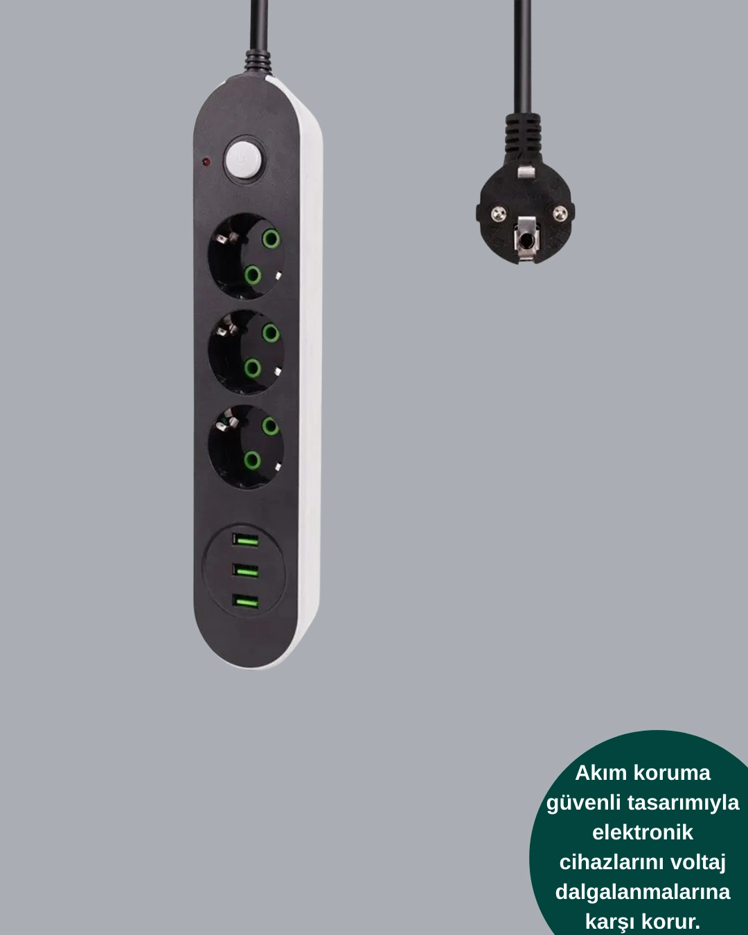 Akım Korumalı Anahtarlı Usb Girişli Üçlü Priz ( Lisinya )