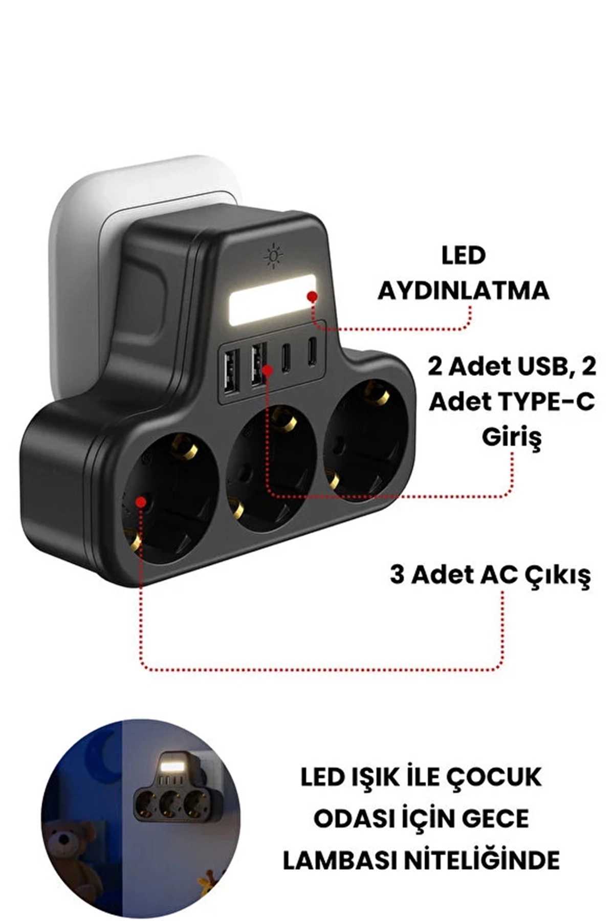 Akım Korumalı Priz Gece Lambalı 3’lü Priz 2xusb 2xtype-c Çıkışlı Grup Priz Çoğaltıcı ( Lisinya ) Akım Korumalı Priz Gece Lambalı 3’lü Priz 2xusb 2xtype-c Çıkışlı Grup Priz Çoğaltıcı ( Lisinya )