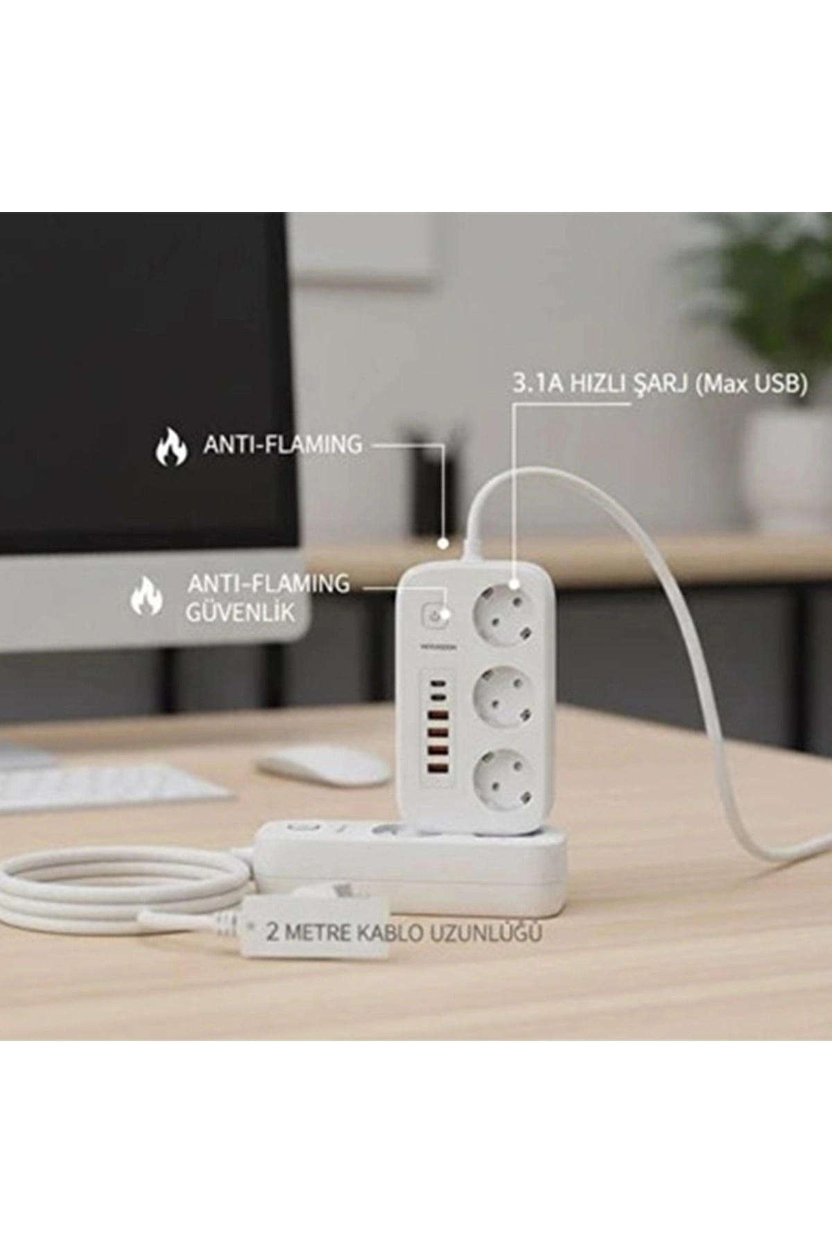  akım Korumalı Priz Ve Masaüstü Şarj İstasyonu Kablosuz 3 Priz ,4 Usb, 2 Type-c Girişli 2 Metre ( Lisinya )