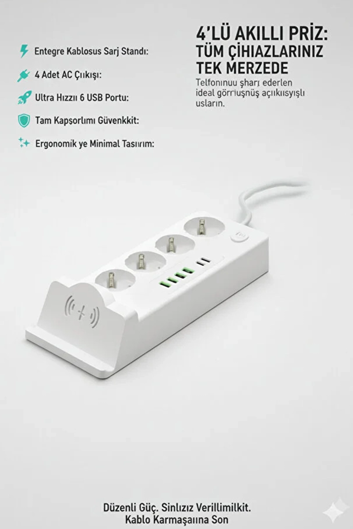 Akım Korumalı Priz Ve Masaüstü Şarj İstasyonu Kablosuz 4 Priz ,4 Usb, 2 Type-c Girişli 2 Metre ( Lisinya )
