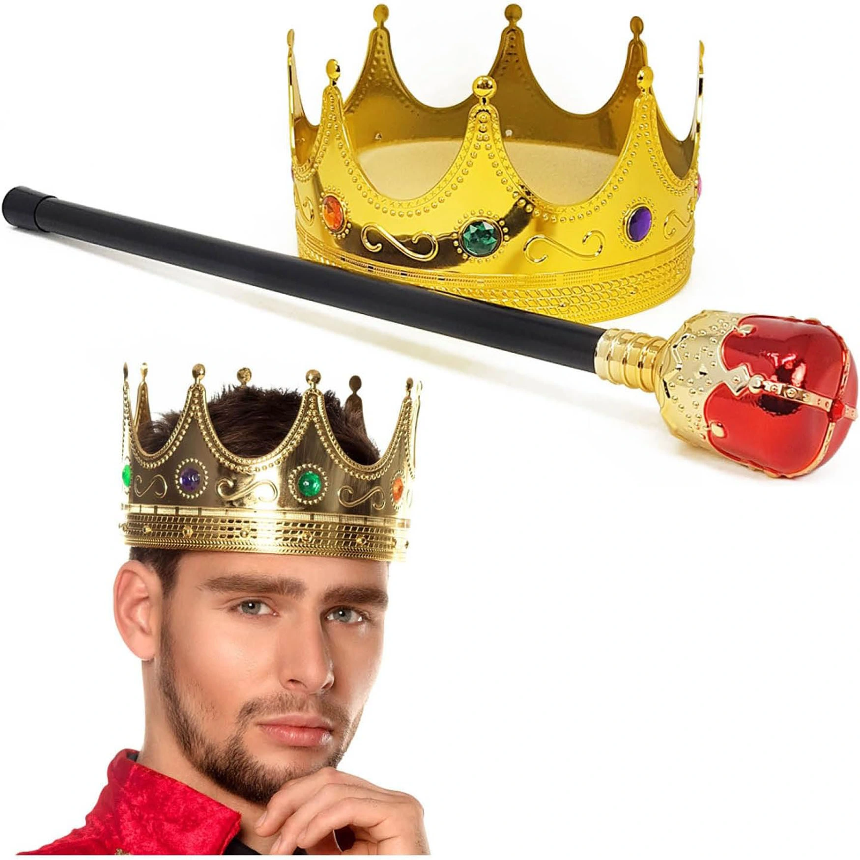 Altın Kral Tacı Ve Kırmızı Topuzlu Asası Seti ( Lisinya )