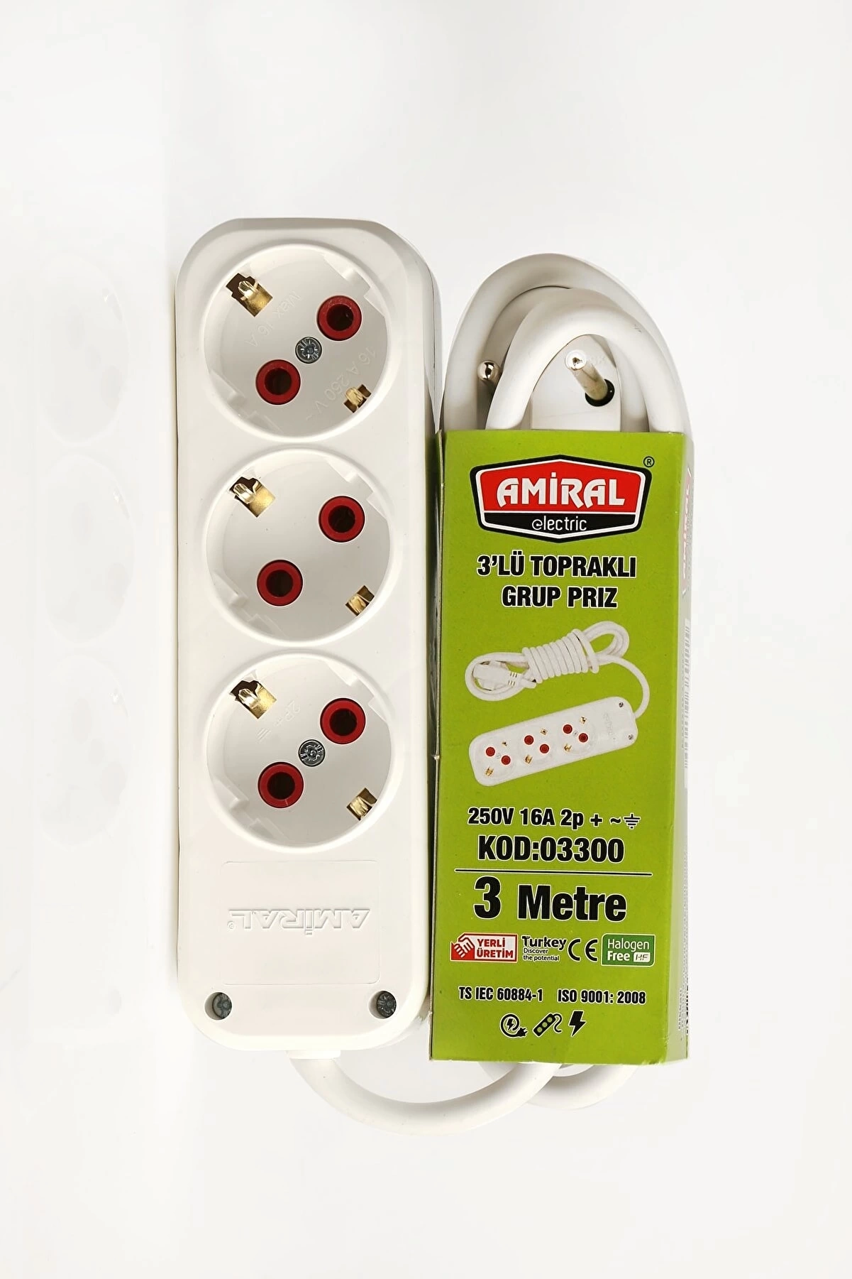 Amiral 3' Lü Topraklı 3 Metre Kablolu Grup Priz ( Lisinya )