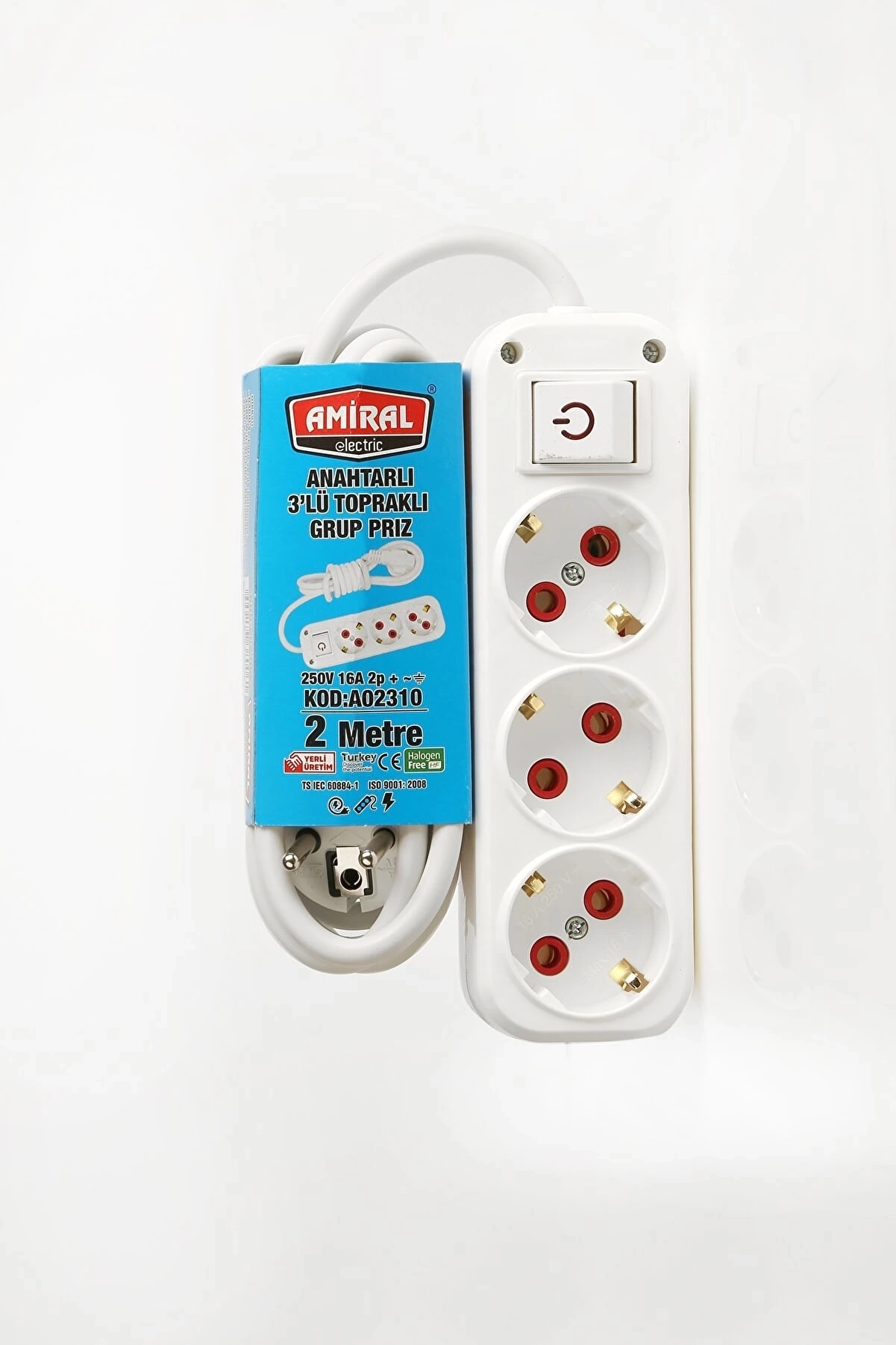 Amiral 3' Lü Topraklı Anahtarlı 2 Metre Kablolu Grup Priz ( Lisinya )