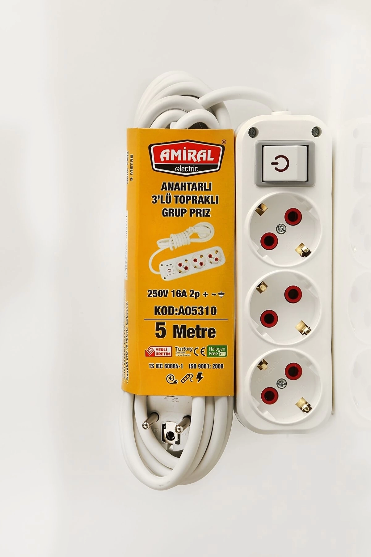 Amiral 3' Lü Topraklı Anahtarlı 5 Metre Kablolu Grup Priz ( Lisinya )