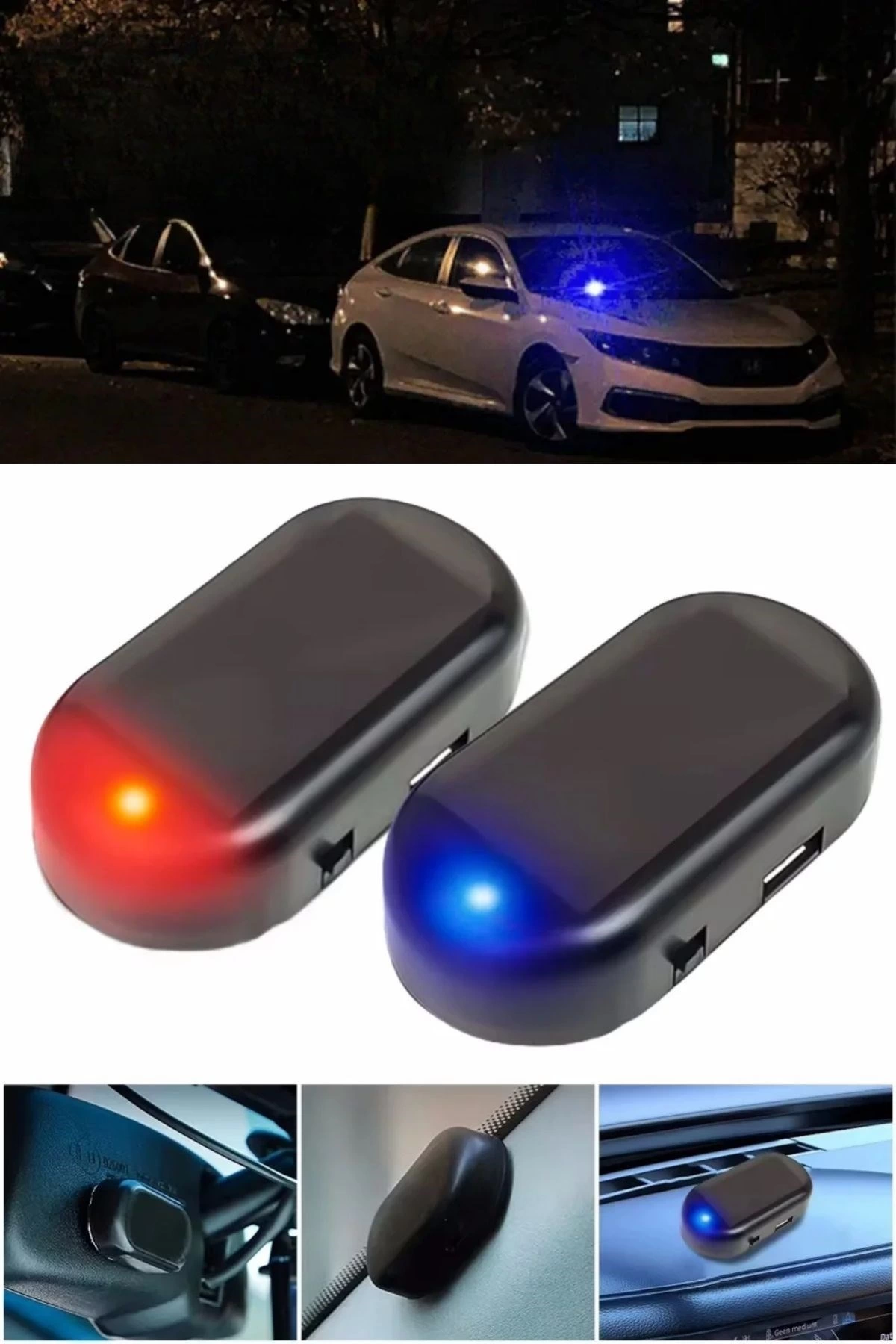 Araç İçin Caydırıcı Solar Enerji İle Şarj Olan  Güçlü Yapışkanlı Işıklı Plastik Mini Sahte Alarm ( Lisinya )