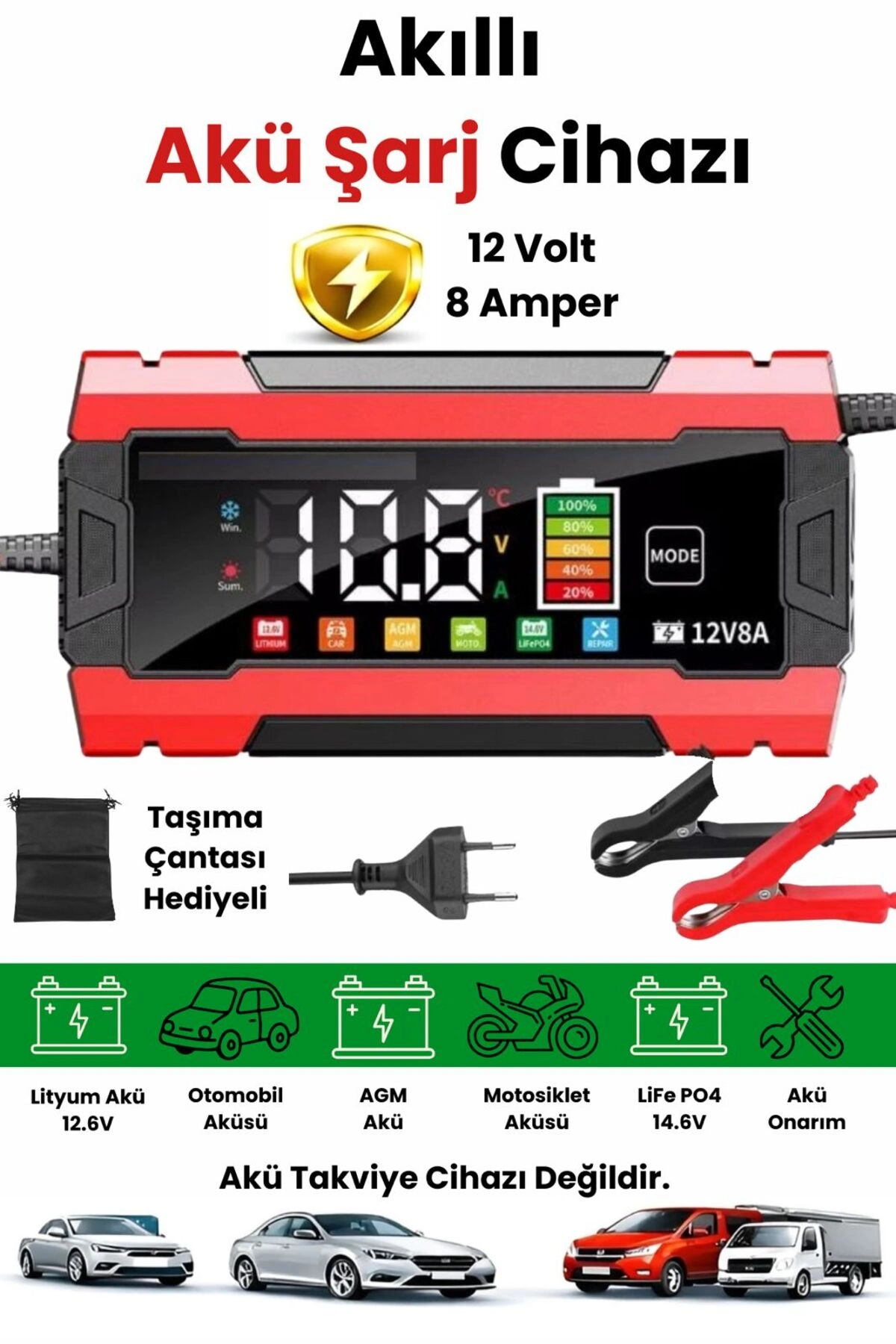 12V 8A Akıllı Akü Şarj Cihazı 12V 8A LCD Ekranlı Pulse Repair Otomatik Akü Şarj & Desülfatör ( Lisinya )
