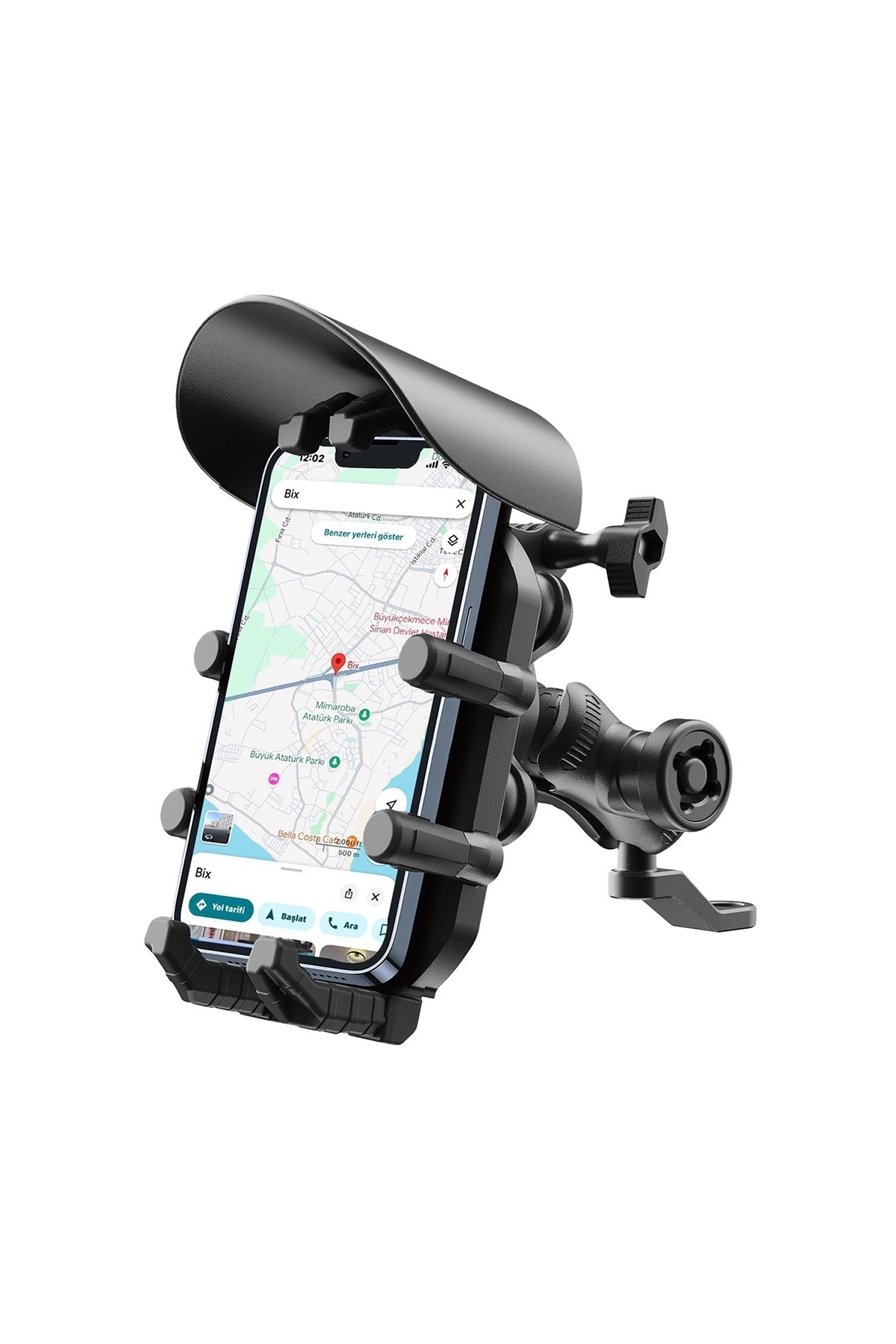 Ayna Bağlantılı Güneş Ve Yağmur Korumalı 360° Derece Ayarlanabilir Motosiklet Telefon Tutucu ( Lisinya )