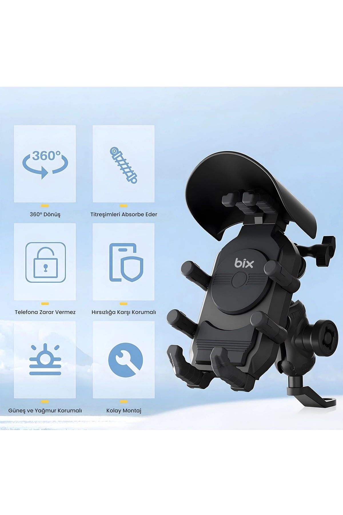 Ayna Bağlantılı Güneş Ve Yağmur Korumalı 360° Derece Ayarlanabilir Motosiklet Telefon Tutucu ( Lisinya )