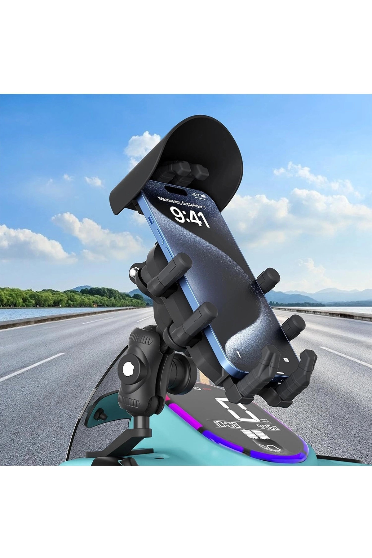 Ayna Bağlantılı Güneş Ve Yağmur Korumalı 360° Derece Ayarlanabilir Motosiklet Telefon Tutucu ( Lisinya )