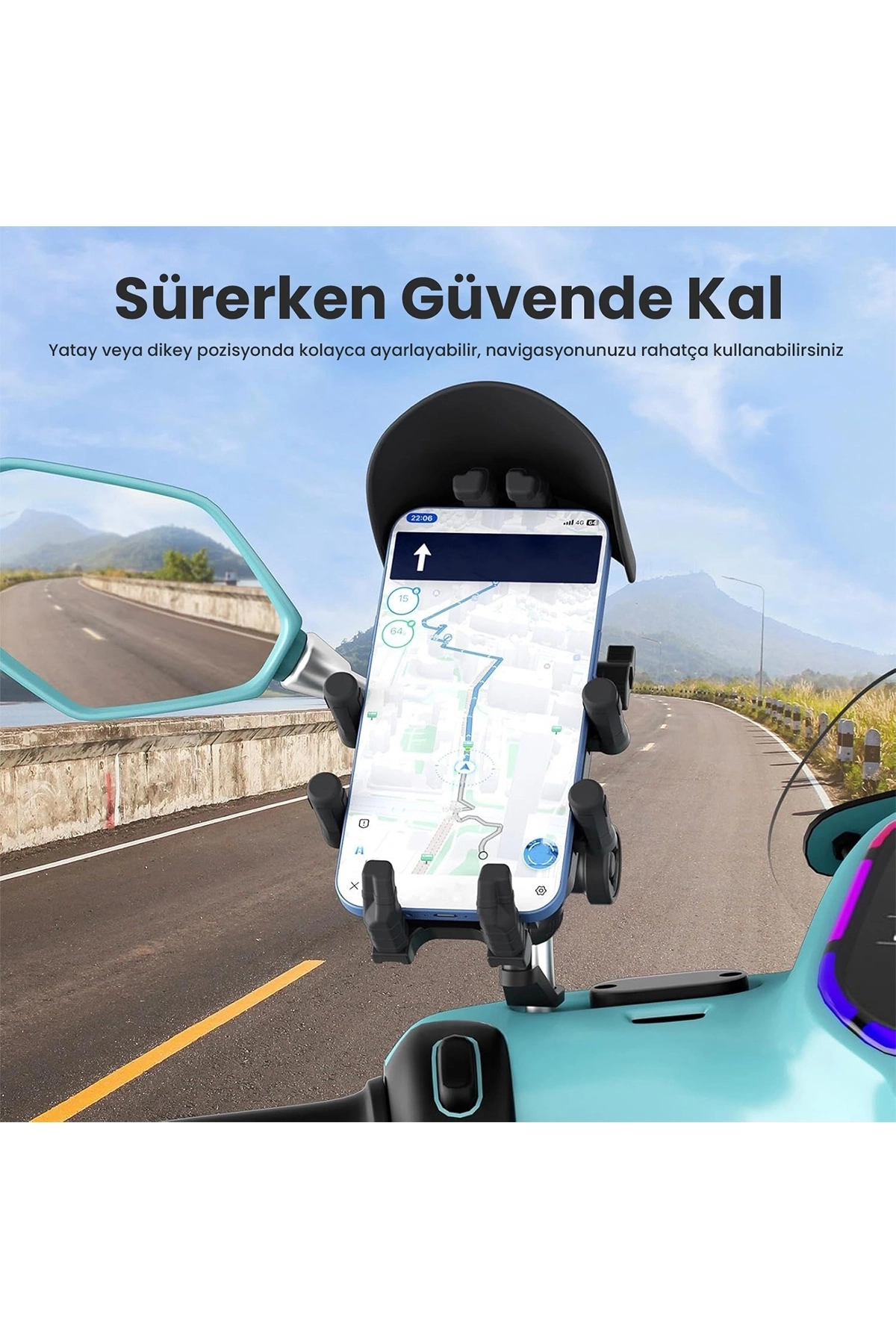 Ayna Bağlantılı Güneş Ve Yağmur Korumalı 360° Derece Ayarlanabilir Motosiklet Telefon Tutucu ( Lisinya )