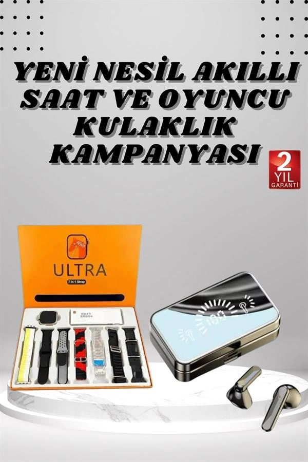 Aynalı Bluetooth Kulaklık Ve 7 Kordonlu Akıllı Saat Dijital Göstergeli Uzun Pil Ömrü ( Lisinya )