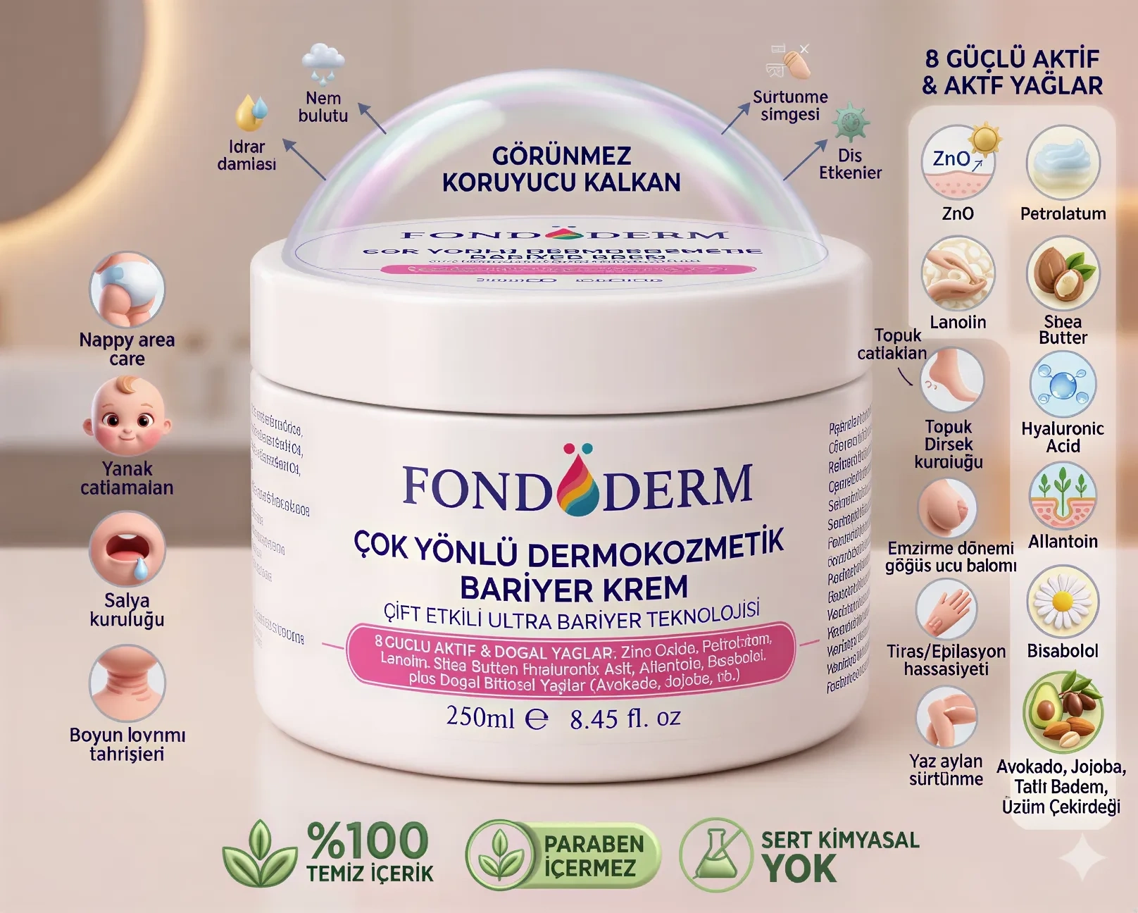 Fondöderm Dermokozmetik Bariyer Krem | Bebek Pişik Kremi ve Yoğun Onarıcı Nemlendirici Doğal Yağlar İçeren Çok Amaçlı Cilt Bakım Kremi ( Lisinya )