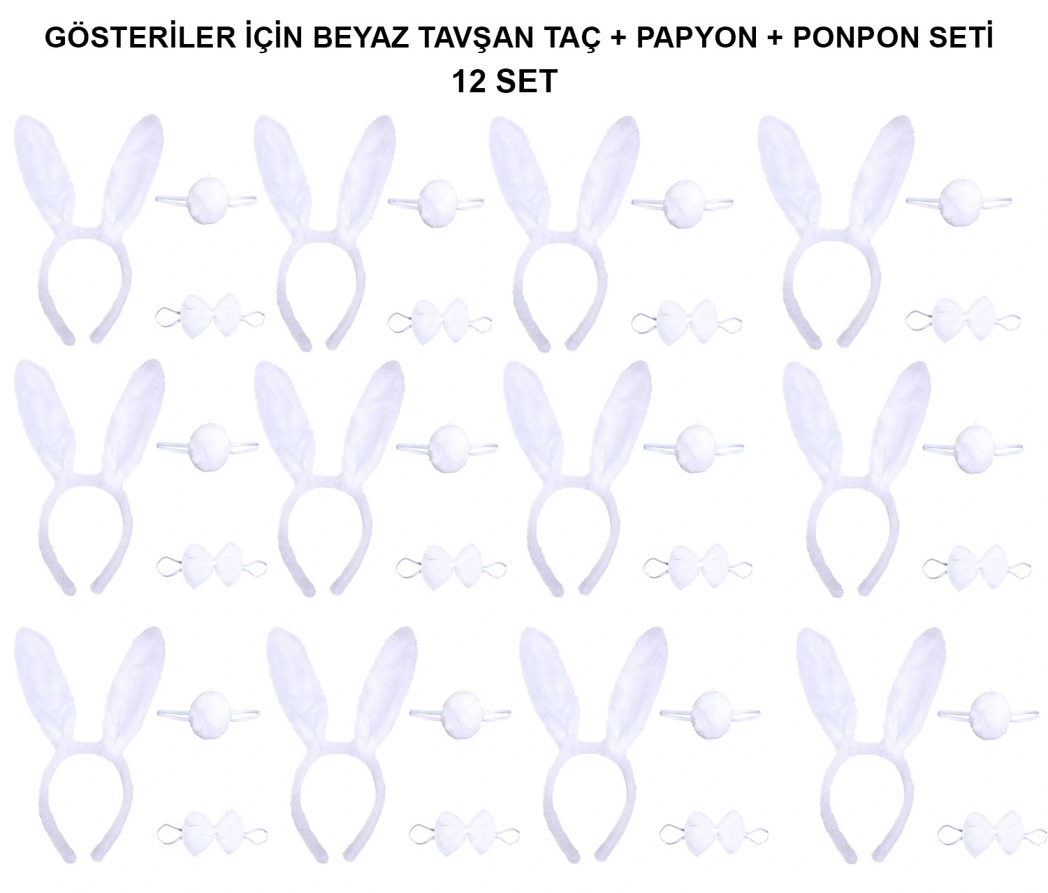 Beyaz Tavşan Kostüm Seti – Taç, Papyon, Kuyruk (12’li Paket) ( Lisinya )