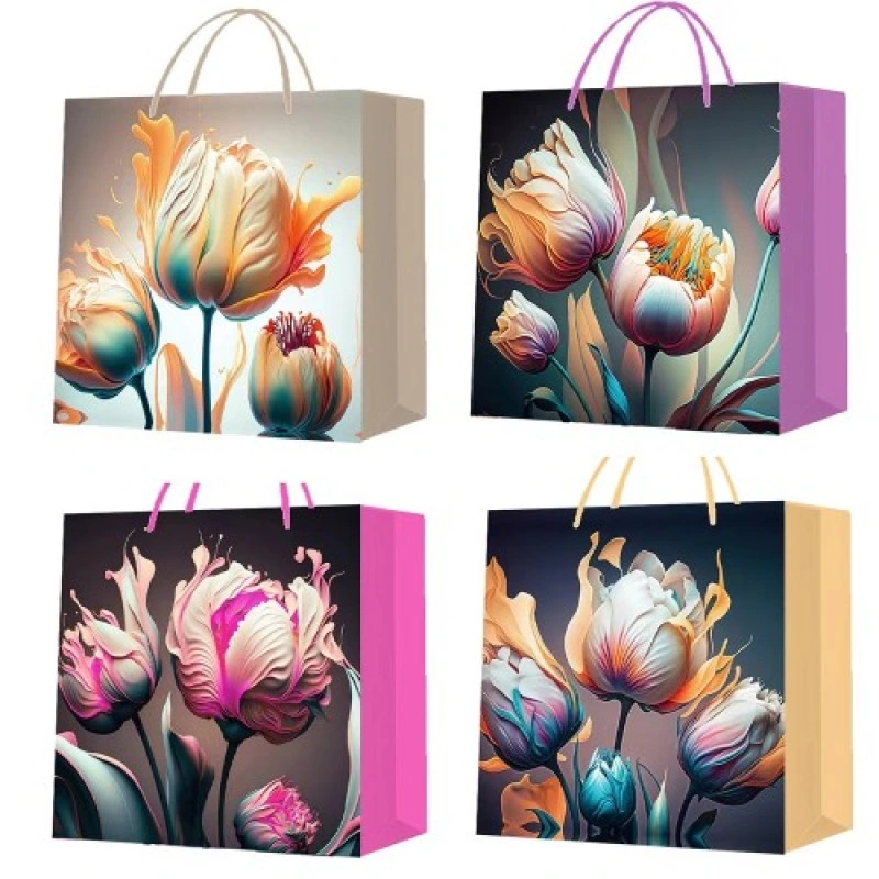 Büyük Boy Lale Desenli Karton Hediye Çantası ( Lisinya ) Büyük Boy Lale Desenli Karton Hediye Çantası ( Lisinya )