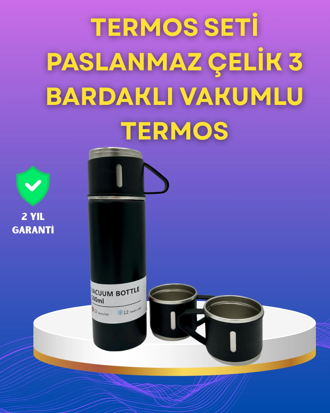 Çelik Termos Bardak Seti | 500 Ml Kapasite, Kaymaz Taban, Hediye Kutulu ( Lisinya )