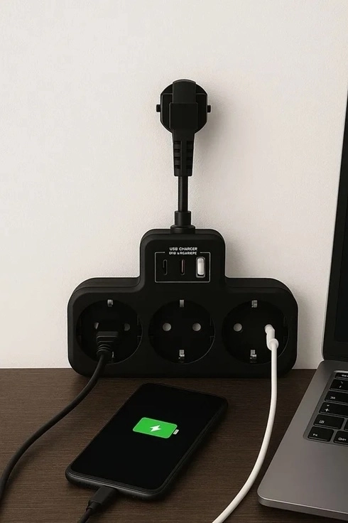 Çoklu Kablolu Priz Yüksek Gerilim Korumalı 3’lü Priz 1x Usb 2x Type-c Çıkışlı Grup Priz Çoğaltıcı Siyah ( Lisinya )