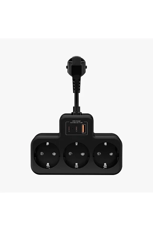 Çoklu Kablolu Priz Yüksek Gerilim Korumalı 3’lü Priz 1x Usb 2x Type-c Çıkışlı Grup Priz Çoğaltıcı Siyah ( Lisinya )