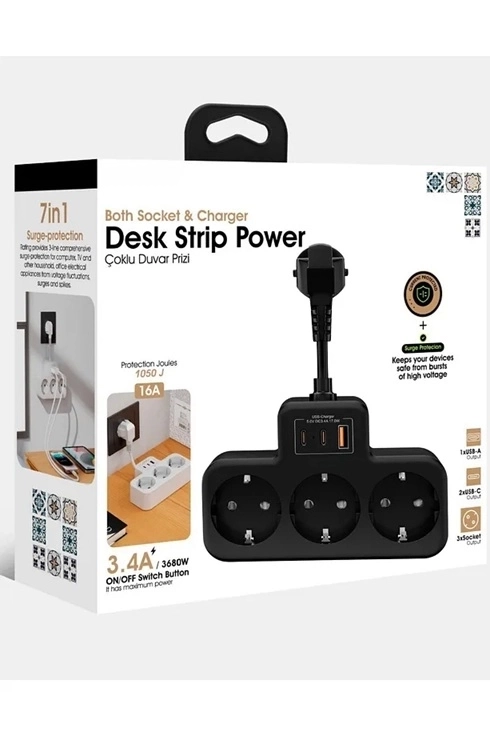 Çoklu Kablolu Priz Yüksek Gerilim Korumalı 3’lü Priz 1x Usb 2x Type-c Çıkışlı Grup Priz Çoğaltıcı Siyah ( Lisinya )