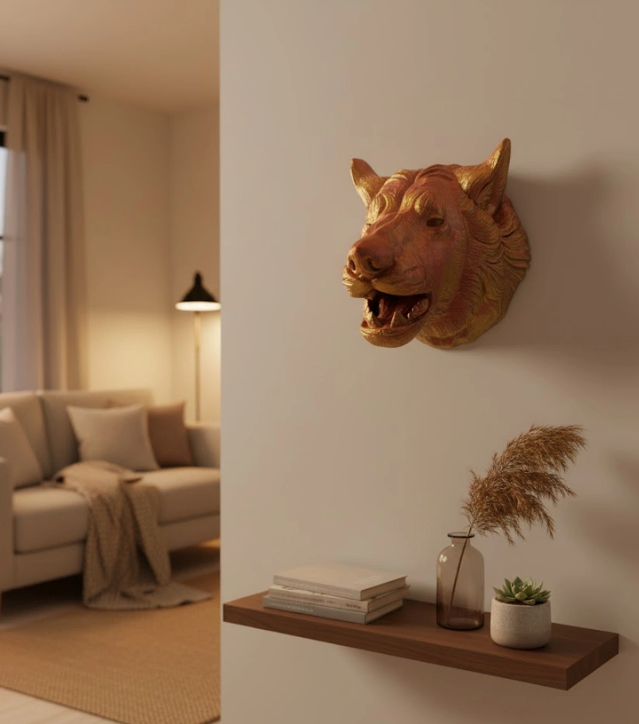 Dekoratif Altın Gold Kurt Duvar Heykeli Asılabilir Hediyelik 25x19 Cm ( Lisinya )