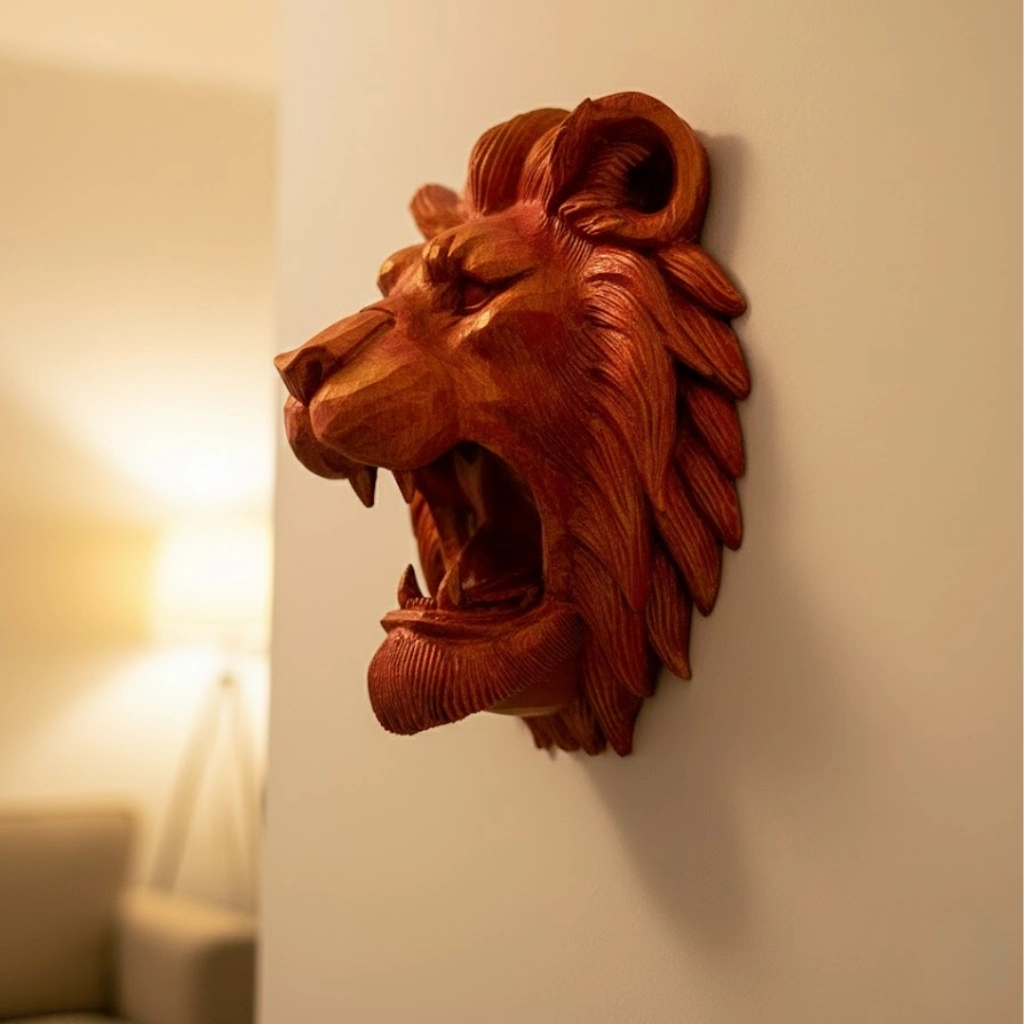 Dekoratif Asılabilir Aslan Başı 3d Duvar Heykeli Gold Red 20x21 Cm ( Lisinya )