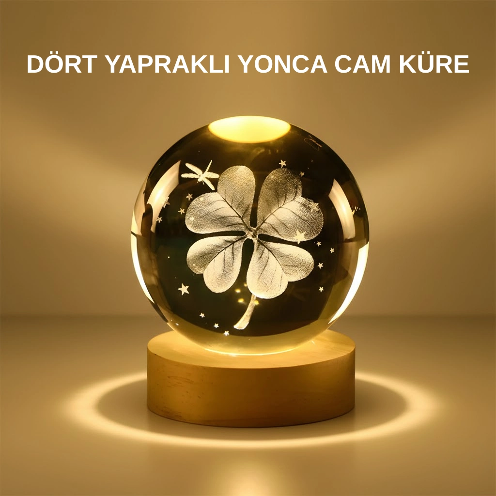Dekoratif Yonca Görünümlü Işıklı Kristal Cam Küre Usb Masa Gece Lambası ( Lisinya )