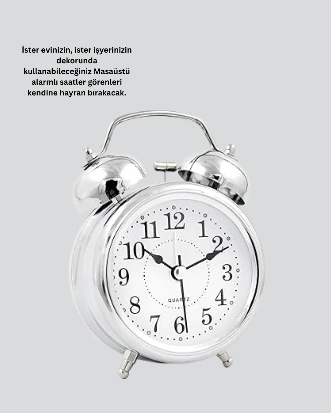 Dekoratif Yuvarlak Gümüş Sessiz Işıklı Masa Üstü Çalar Saat Alarmlı Ve Şık Tasarım ( Lisinya )