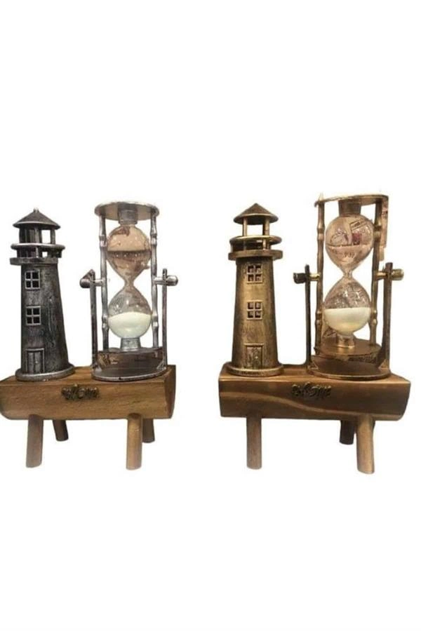 Deniz Feneri Kum Saati Ahşap Görünümlü Vintage Tarz Biblo ( Lisinya )
