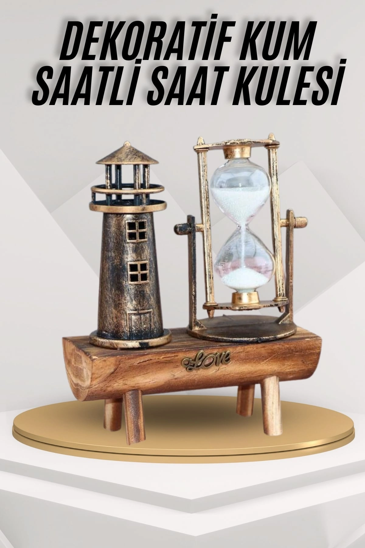 Deniz Feneri Kum Saati Ahşap Görünümlü Vintage Tarz Biblo ( Lisinya )