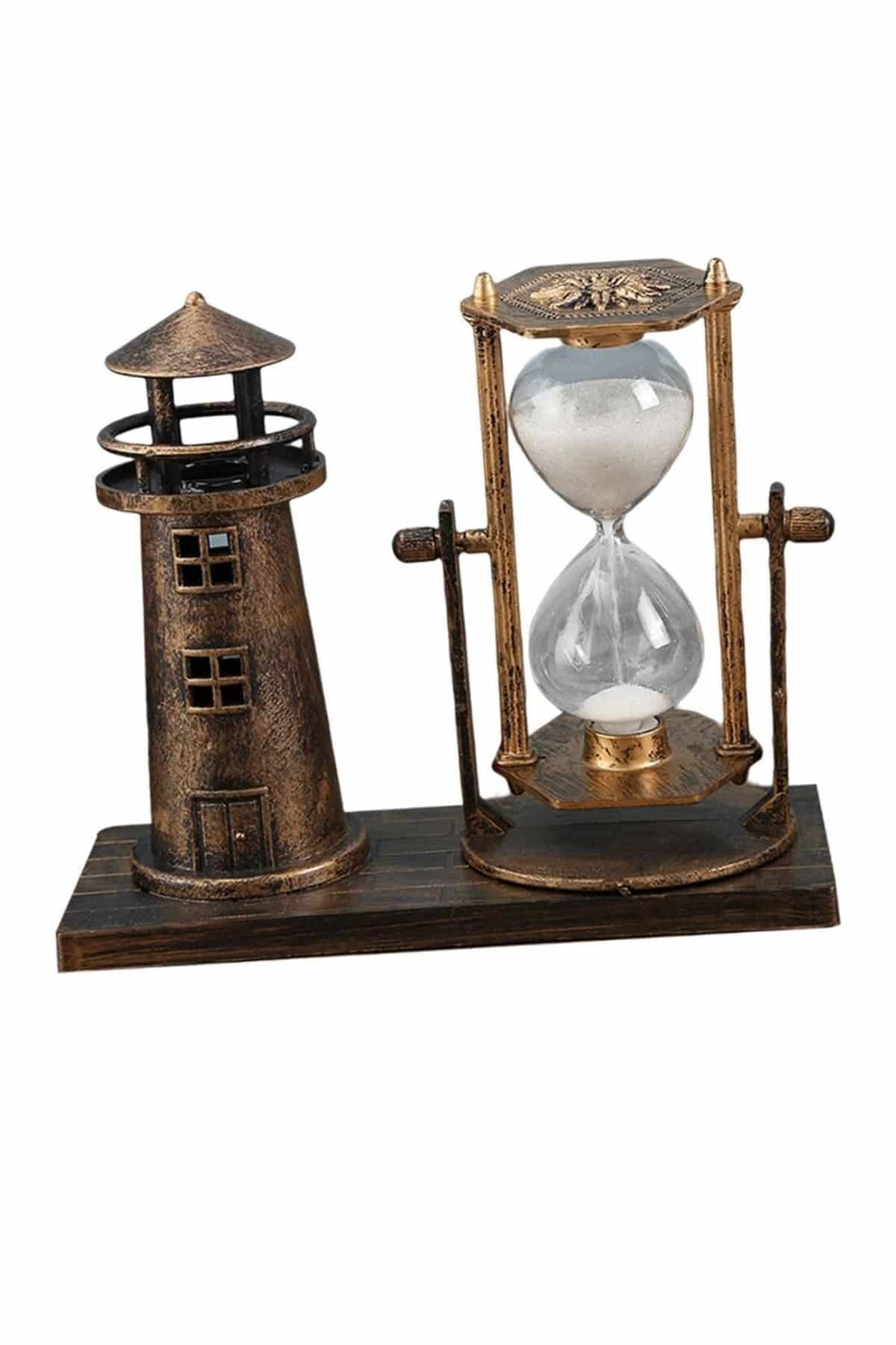Deniz Feneri Kum Saati Ahşap Görünümlü Vintage Tarz Biblo ( Lisinya )