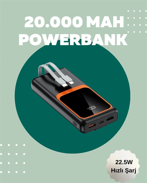 Dijital Ekranlı 20.000 Mah Powerbank | 22.5w Hızlı Şarj + Çoklu Bağlantı Seçeneği ( Lisinya )