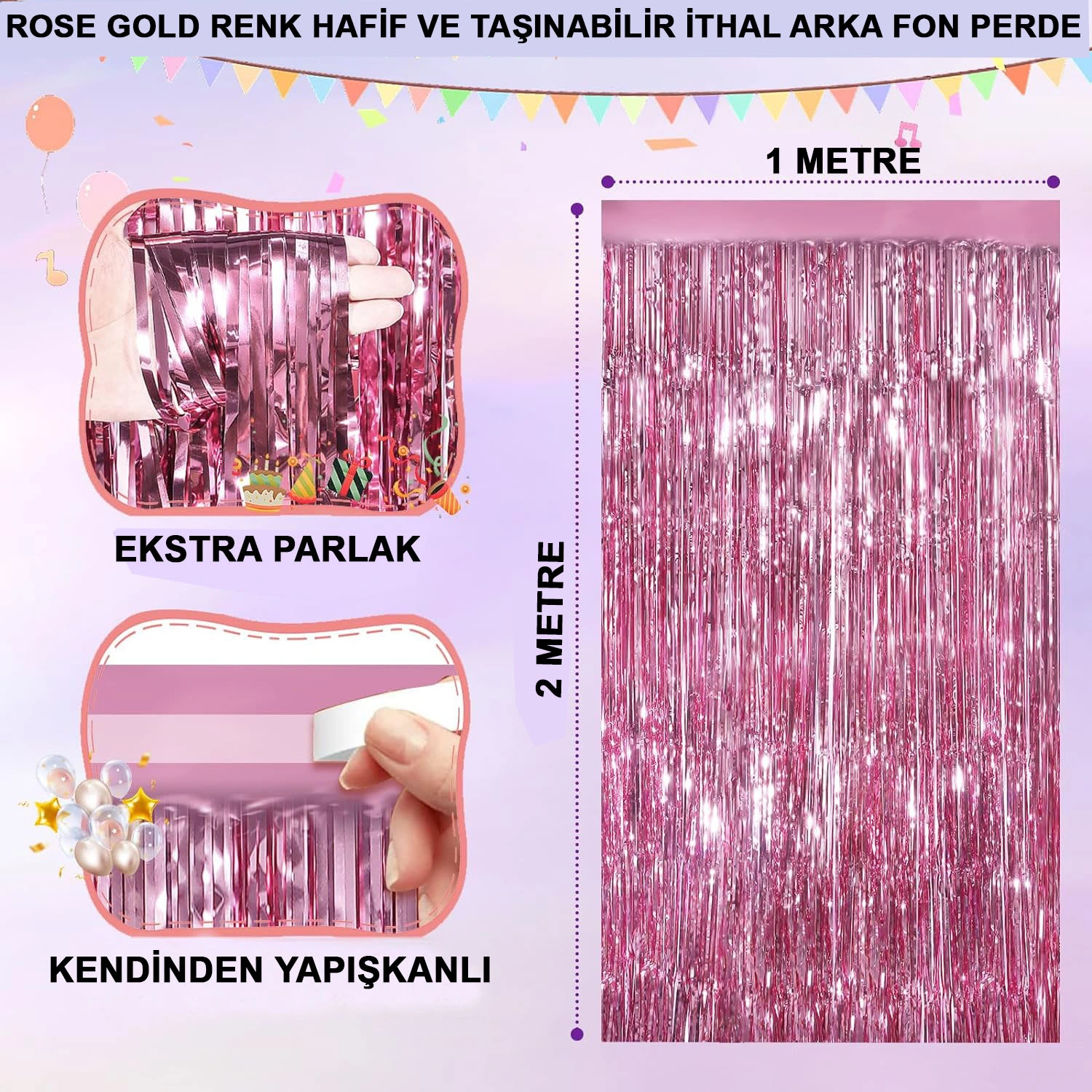 Ekstra Metalize Parlak Saçaklı Arka Fon Perde Rose Gold ( Lisinya ) Ekstra Metalize Parlak Saçaklı Arka Fon Perde Rose Gold ( Lisinya )