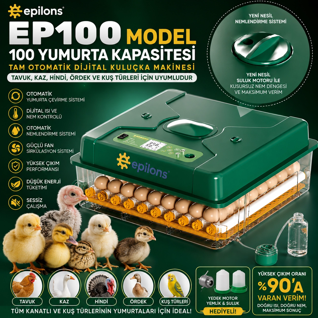 EP100 Kuluçka Makinesi Yeni Nesil Suluk Üstten Havalandırma Sistemli Tavuk Kaz Hindi ve Kuş Türleri İçin ( Lisinya )