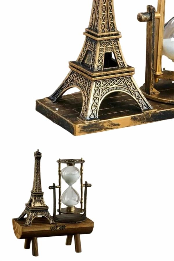 Eyfel Kulesi Tasarımlı Kum Saati Kristalleştirilmiş Kum Saati Dekoratif Ahşap Görünümlü ( Lisinya )