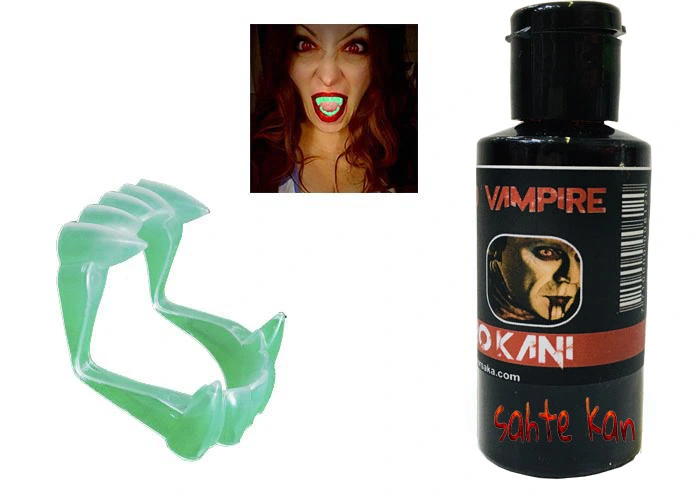 Fosforlu Çift Damak Takma Vampir Dişi Ve 50 Gr Tiyatro Kanı Set ( Lisinya )