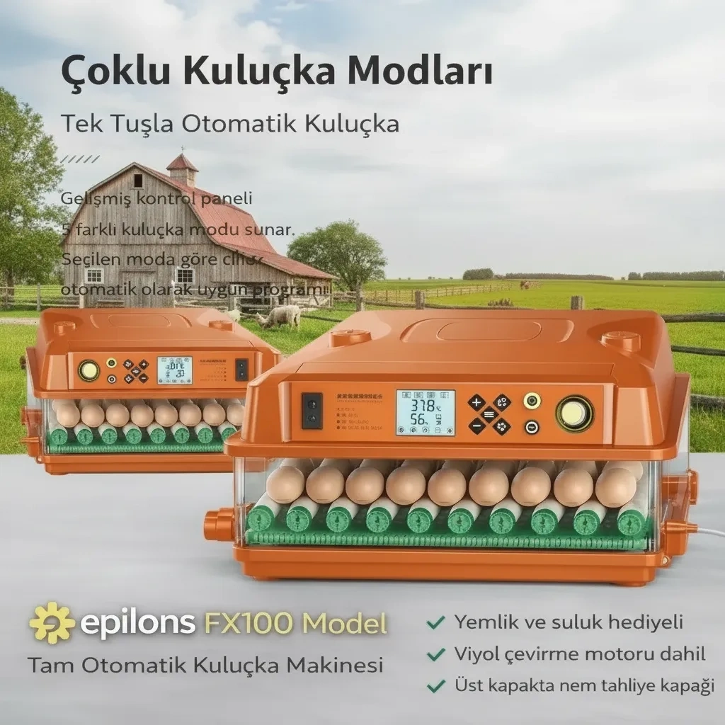 FX100 Tam Otomatik Kuluçka Makinesi 100 Yumurta Kapasiteli | Yeni Nesil Havalandırma | Otomatik Su Sistemi | Dijital Isı ve Nem Kontrolü ( Lisinya )