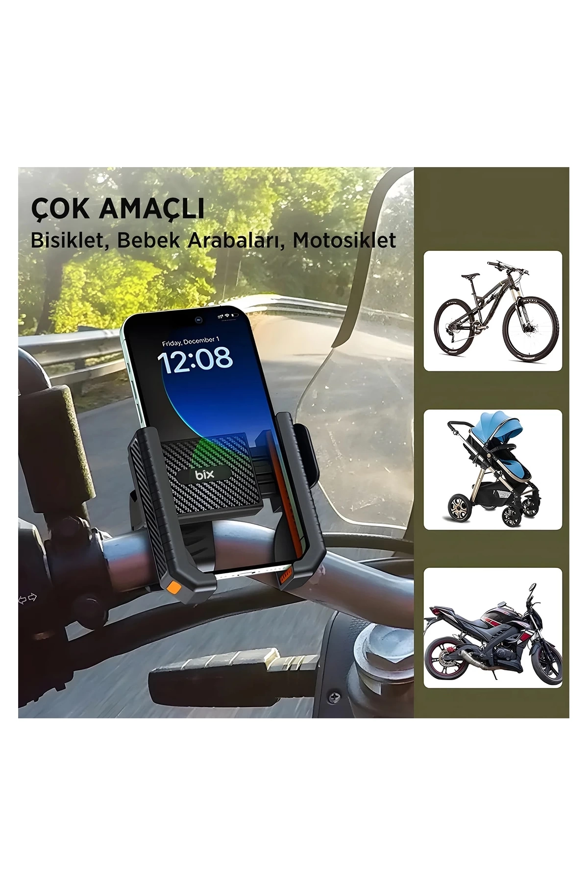 Gidon Bağlantılı Bisiklet Motosiklet İçin Esnek Abs 4-7.8″ İnç Telefon Tutucu 360° Dönebilen Tasarım ( Lisinya )