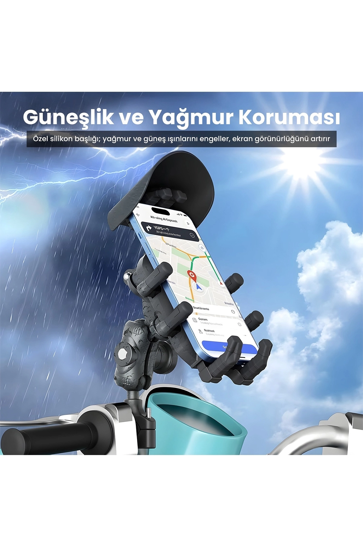 Gidon Bağlantılı Güneş Ve Yağmur Korumalı 360° Derece Ayarlanabilir Motosiklet Bisiklet Telefon Tutucu ( Lisinya )