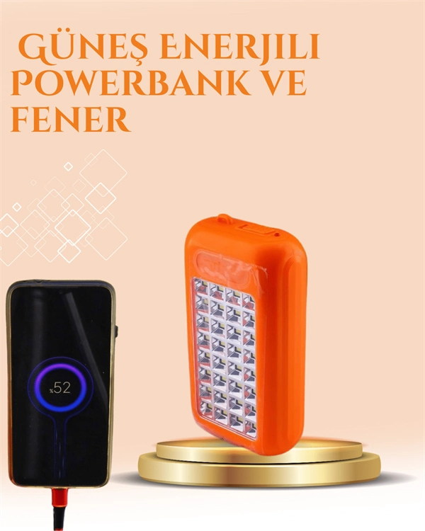 Gold Silver Güneş Enerjili Powerbank Işıldak – 10000 Mah, Taşınabilir, Suya Dayanıklı, 32 Led ( Lisinya )