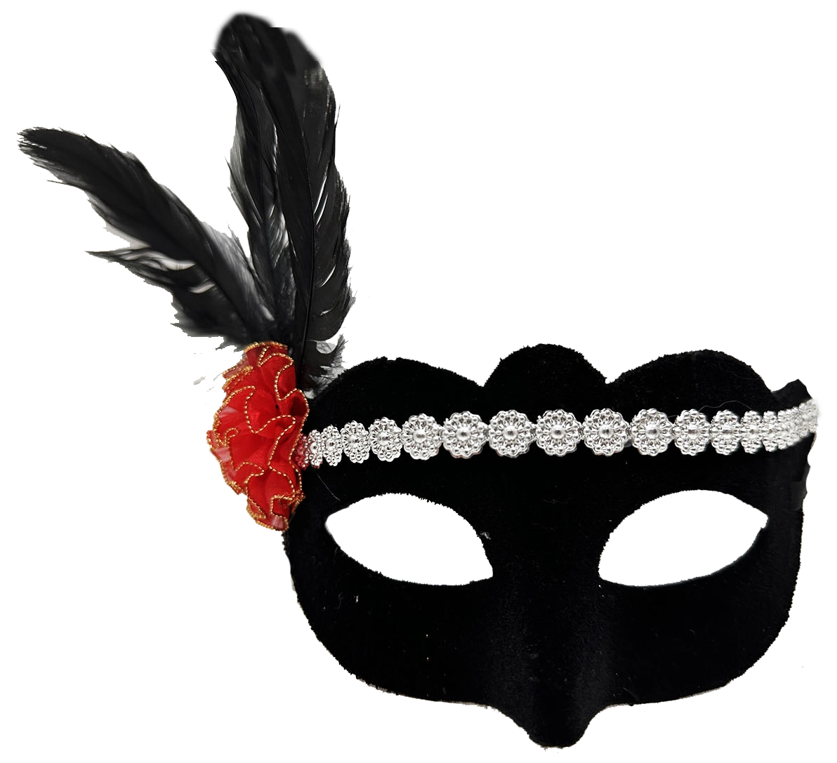 Gümüş Dantelli Kırmızı Gül Tasarımlı Parti Maskesi ( Lisinya )