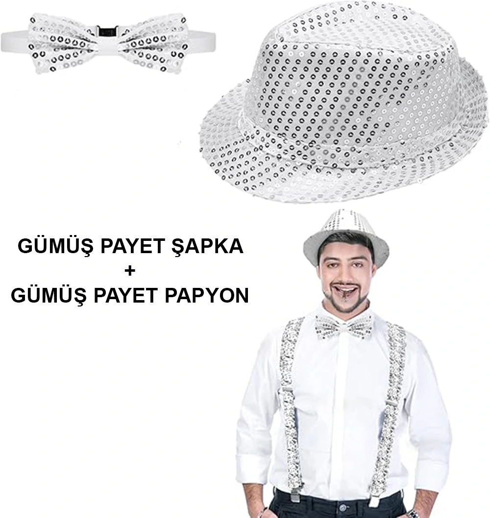 Gümüş Payetli Şapka Ve Papyon Seti – Parıltılı Yetişkin Kostüm Seti ( Lisinya ) Gümüş Payetli Şapka Ve Papyon Seti – Parıltılı Yetişkin Kostüm Seti ( Lisinya )
