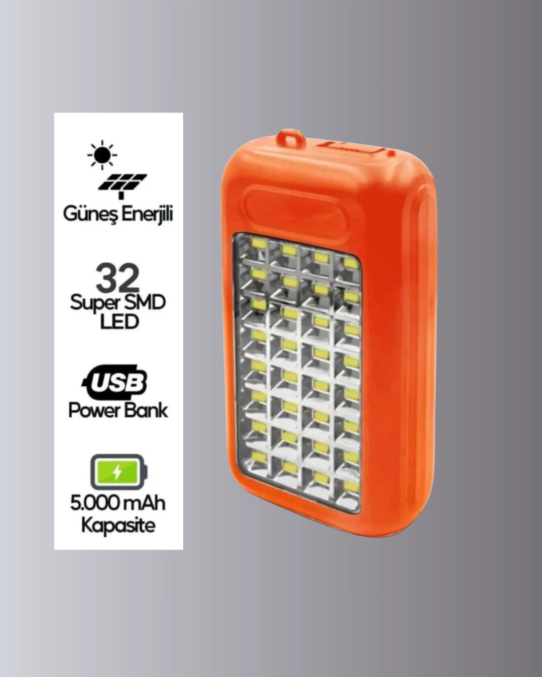 Güneş Paneli İle Şarj Olan 32 Led’li Powerbank Cihazı ( Lisinya ) Güneş Paneli İle Şarj Olan 32 Led’li Powerbank Cihazı ( Lisinya )