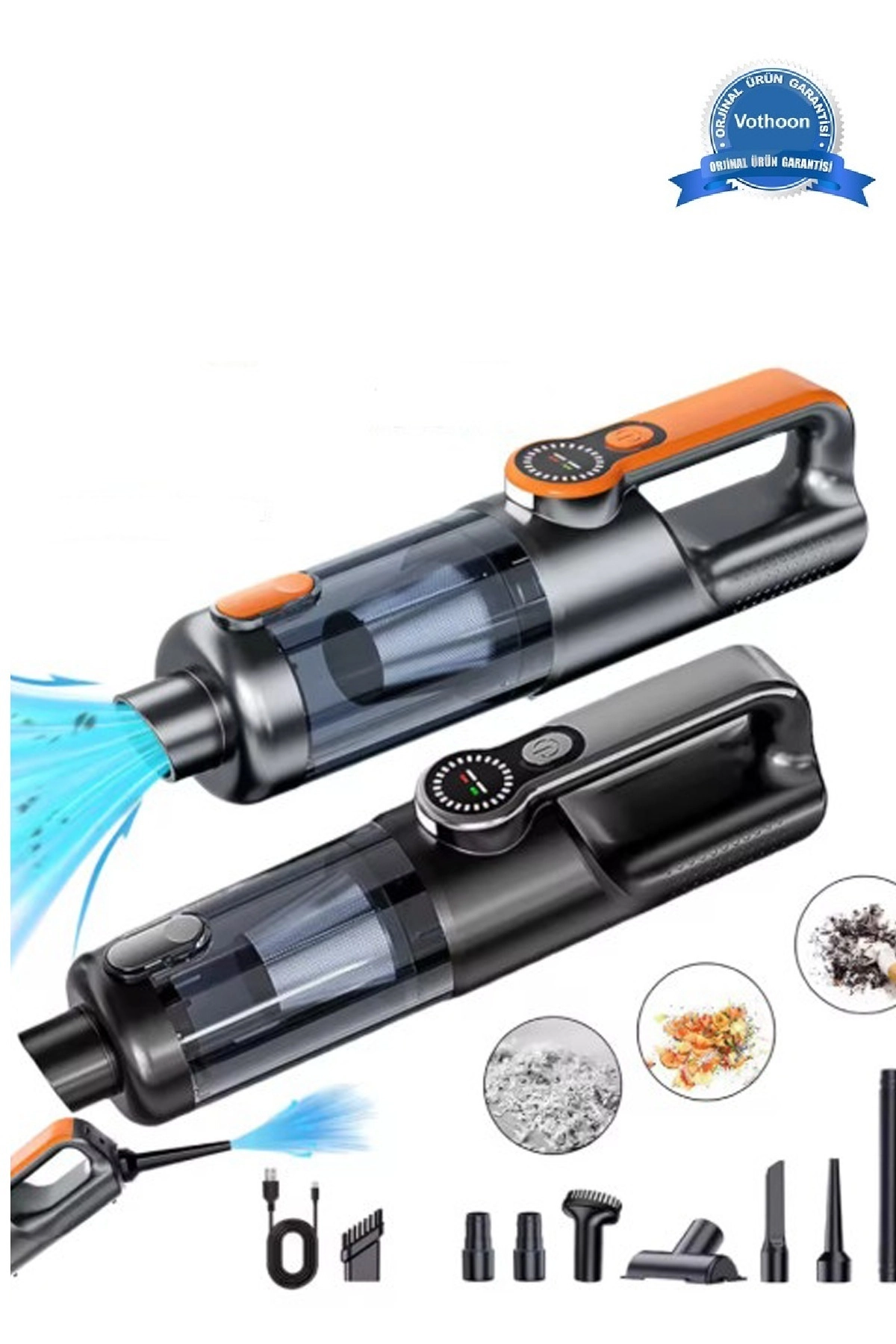 Işıklı Araç Süpürgesi Kablosuz 22.000 Pascal Çekim Gücü Vakum Ve Üfleme 2in1 10başlık Metal Filtreli ( Lisinya )