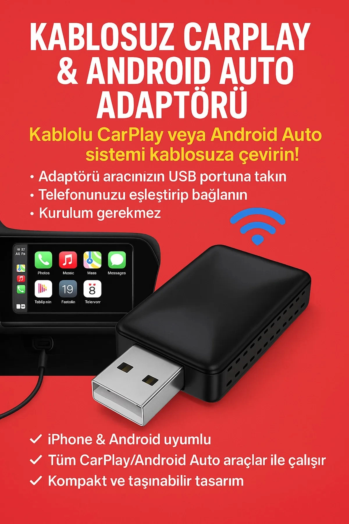 Kablosuz Carplay & Android Auto Adaptörü - Apple Ve Android Cihazlar İçin Evrensel Wireless Carplay Çevirici ( Lisinya )
