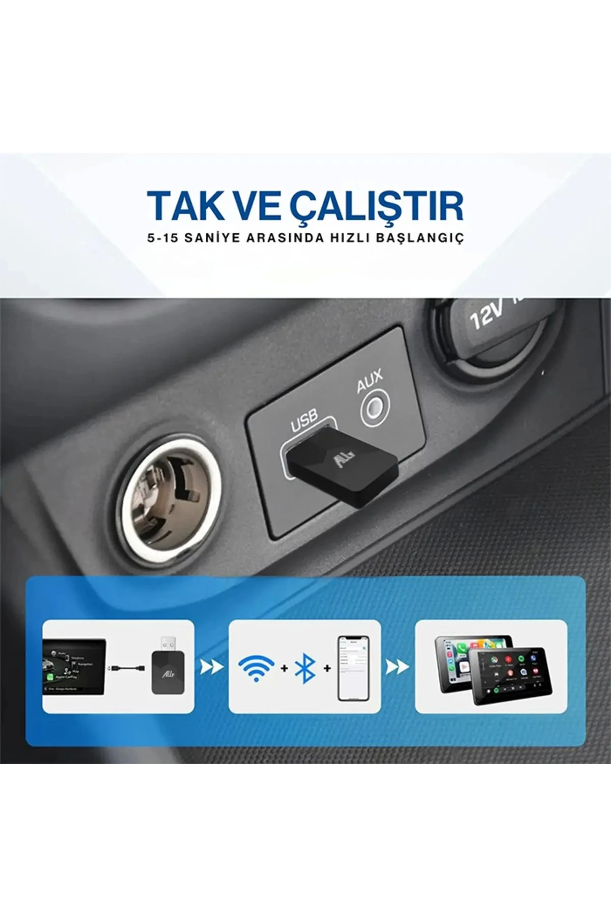 Kablosuz Carplay & Android Auto Adaptörü - Apple Ve Android Cihazlar İçin Evrensel Wireless Carplay Çevirici ( Lisinya )