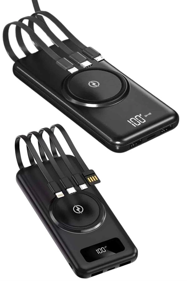 Kablosuz Çoklu Şarj Girişli 10.000 Mah Kablolu Powerbank Taşınabilir ( Lisinya )
